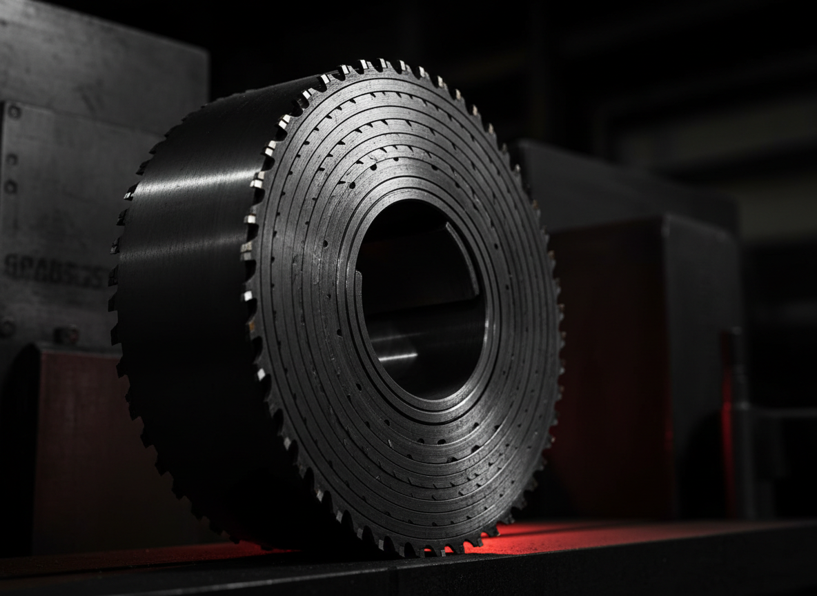 Dramatic dark industrial photograph of a large steel industrial band saw blade coiled, close-up macro detail showing sharp teeth